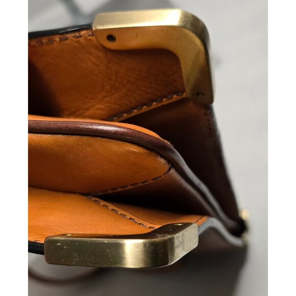 Vintage Tan Leather Crossbody Bag With Gold Accents & Turn-Lock Closure - Picture 10 of 12